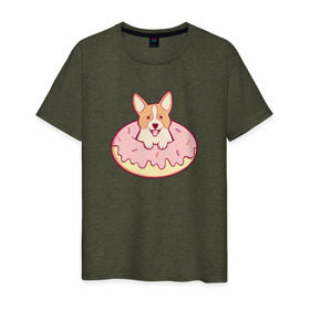 Мужская футболка хлопок с принтом Корги Пончик в Тюмени, 100% хлопок | прямой крой, круглый вырез горловины, длина до линии бедер, слегка спущенное плечо. | Тематика изображения на принте: dog | donut | kawaii | вкусняшка | выпечка | еда | лапочка | милый | мимими | пес | песик | сладкий | собака | щенок