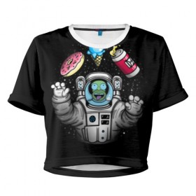 Женская футболка 3D укороченная с принтом Гомер в космосе в Тюмени, 100% полиэстер | круглая горловина, длина футболки до линии талии, рукава с отворотами | Тематика изображения на принте: bart | homer | lisa | simpsons | space | барт | гомер | космос | пончик | симпсоны