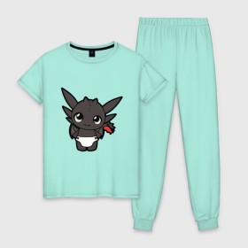Женская пижама хлопок с принтом Маленький Дракон в Тюмени, 100% хлопок | брюки и футболка прямого кроя, без карманов, на брюках мягкая резинка на поясе и по низу штанин | 