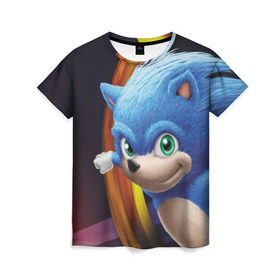 Женская футболка 3D с принтом Sonic в Тюмени, 100% полиэфир ( синтетическое хлопкоподобное полотно) | прямой крой, круглый вырез горловины, длина до линии бедер | blue | hedgehog | movie | sonic | ёжик | синий | соник | фильм