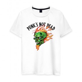 Мужская футболка хлопок с принтом Punk`s not dead в Тюмени, 100% хлопок | прямой крой, круглый вырез горловины, длина до линии бедер, слегка спущенное плечо. | beard | cool | creative | death | design | eyes | fire | flame | green | hype | music | punk | skull | vanguard | авангард | борода | глаза | дизайн | зеленый | креатив | круто | музыка | огонь | панк | пламя | хайп | череп