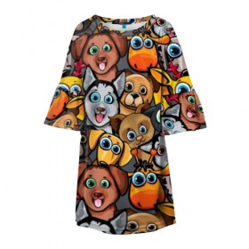 Детское платье 3D с принтом Веселые собаки в Тюмени, 100% полиэстер | прямой силуэт, чуть расширенный к низу. Круглая горловина, на рукавах — воланы | бульдог | голубые глаза | доберман | животные | жирафы | котики | милые | олени | разноцветные | собаки | хаски | яркие