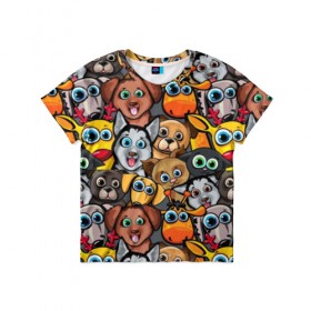 Детская футболка 3D с принтом Веселые собаки в Тюмени, 100% гипоаллергенный полиэфир | прямой крой, круглый вырез горловины, длина до линии бедер, чуть спущенное плечо, ткань немного тянется | Тематика изображения на принте: бульдог | голубые глаза | доберман | животные | жирафы | котики | милые | олени | разноцветные | собаки | хаски | яркие