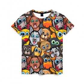 Женская футболка 3D с принтом Веселые собаки в Тюмени, 100% полиэфир ( синтетическое хлопкоподобное полотно) | прямой крой, круглый вырез горловины, длина до линии бедер | бульдог | голубые глаза | доберман | животные | жирафы | котики | милые | олени | разноцветные | собаки | хаски | яркие