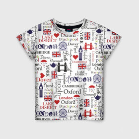 Детская футболка 3D с принтом Лондон  в Тюмени, 100% гипоаллергенный полиэфир | прямой крой, круглый вырез горловины, длина до линии бедер, чуть спущенное плечо, ткань немного тянется | cambridge | england | fashion | london | style | tea | uk | umbr | англия | башня | белый | великобритания | город | графика | дизайн | дождь | зонт | картинка | кембридж | колесо | красный | лондон | мода | мост | надпись