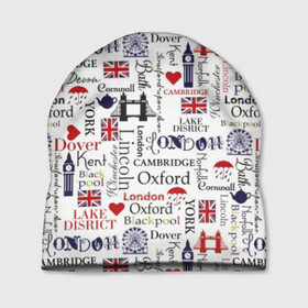 Шапка 3D с принтом Лондон  в Тюмени, 100% полиэстер | универсальный размер, печать по всей поверхности изделия | cambridge | england | fashion | london | style | tea | uk | umbr | англия | башня | белый | великобритания | город | графика | дизайн | дождь | зонт | картинка | кембридж | колесо | красный | лондон | мода | мост | надпись