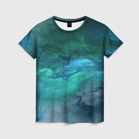Женская футболка 3D с принтом Изумрудные Облака в Тюмени, 100% полиэфир ( синтетическое хлопкоподобное полотно) | прямой крой, круглый вырез горловины, длина до линии бедер | abstraction | абстракция | голубые | живопись | искусство | космос | краска | краски | облако | пар | природа | смешение красок | созвездие | стихия | туман | туманность