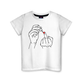 Детская футболка хлопок с принтом Девушка красит ногти в Тюмени, 100% хлопок | круглый вырез горловины, полуприлегающий силуэт, длина до линии бедер | Тематика изображения на принте: жест | контур | лак | линии | маникюр | ноготь | отвали | палец | рука