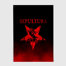 Постер с принтом Sepultura в Тюмени, 100% бумага
 | бумага, плотность 150 мг. Матовая, но за счет высокого коэффициента гладкости имеет небольшой блеск и дает на свету блики, но в отличии от глянцевой бумаги не покрыта лаком | sepultura | грув метал | группы | дэт метал | метал | музыка | рок | трэш метал