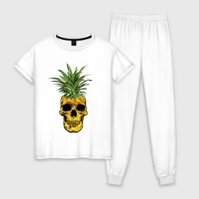 Женская пижама хлопок с принтом Ананас в Тюмени, 100% хлопок | брюки и футболка прямого кроя, без карманов, на брюках мягкая резинка на поясе и по низу штанин | Тематика изображения на принте: cool | creative | design | fruit | green | hype | new york | pineapple | skull | summer | supreme | vanguard | vegan | авангард | ананас | дизайн | зеленый | креатив | круто | лето | фрукт | хайп | череп