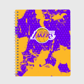 Тетрадь с принтом LA LAKERS в Тюмени, 100% бумага | 48 листов, плотность листов — 60 г/м2, плотность картонной обложки — 250 г/м2. Листы скреплены сбоку удобной пружинной спиралью. Уголки страниц и обложки скругленные. Цвет линий — светло-серый
 | los angeles lakers | nba | nba lakers | nba los angeles lakers | леброн джеймс. | лейкерс | лейкерс 2019 | лос анджелес лейкерс | хьюстон лейкерс