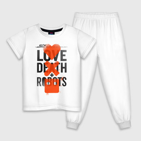 Детская пижама хлопок с принтом LOVE DEATH + ROBOTS в Тюмени, 100% хлопок |  брюки и футболка прямого кроя, без карманов, на брюках мягкая резинка на поясе и по низу штанин
 | death | love death + robots | netflix | robots | любовь | нетфликс | роботы | сериал