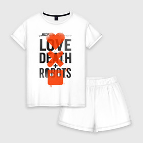 Женская пижама с шортиками хлопок с принтом LOVE DEATH + ROBOTS в Тюмени, 100% хлопок | футболка прямого кроя, шорты свободные с широкой мягкой резинкой | death | love death + robots | netflix | robots | любовь | нетфликс | роботы | сериал