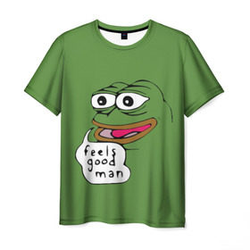 Мужская футболка 3D с принтом Feels Good Man в Тюмени, 100% полиэфир | прямой крой, круглый вырез горловины, длина до линии бедер | Тематика изображения на принте: pepe | pepe frog | зеленая лягушка | лягушка | пепе