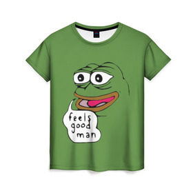 Женская футболка 3D с принтом Feels Good Man в Тюмени, 100% полиэфир ( синтетическое хлопкоподобное полотно) | прямой крой, круглый вырез горловины, длина до линии бедер | pepe | pepe frog | зеленая лягушка | лягушка | пепе
