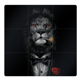 Магнитный плакат 3Х3 с принтом Лев в смокинге в Тюмени, Полимерный материал с магнитным слоем | 9 деталей размером 9*9 см | бабочка | грива | грозный | лев | роза | серьезный | хищник | царь | церь зверей
