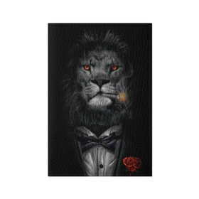 Обложка для паспорта матовая кожа с принтом Лев в смокинге в Тюмени, натуральная матовая кожа | размер 19,3 х 13,7 см; прозрачные пластиковые крепления | бабочка | грива | грозный | лев | роза | серьезный | хищник | царь | церь зверей