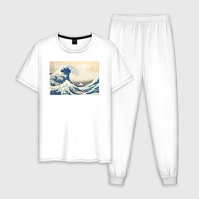Мужская пижама хлопок с принтом Большая волна в Тюмени, 100% хлопок | брюки и футболка прямого кроя, без карманов, на брюках мягкая резинка на поясе и по низу штанин
 | большая волна | искусство | канагава