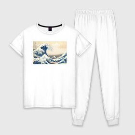 Женская пижама хлопок с принтом Большая волна в Тюмени, 100% хлопок | брюки и футболка прямого кроя, без карманов, на брюках мягкая резинка на поясе и по низу штанин | большая волна | искусство | канагава