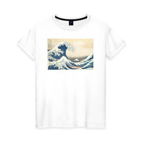 Женская футболка хлопок с принтом Большая волна в Тюмени, 100% хлопок | прямой крой, круглый вырез горловины, длина до линии бедер, слегка спущенное плечо | большая волна | искусство | канагава