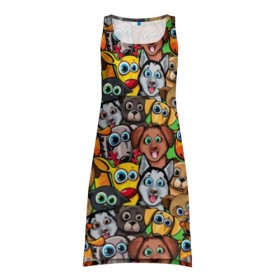 Платье-майка 3D с принтом Веселые собачки в Тюмени, 100% полиэстер | полуприлегающий силуэт, широкие бретели, круглый вырез горловины, удлиненный подол сзади. | бульдог | голубые глаза | доберман | животные | жирафы | котики | милые | олени | разноцветные | собаки | хаски | яркие