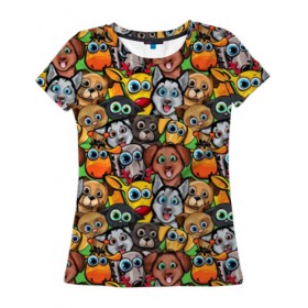 Женская футболка 3D с принтом Веселые собачки в Тюмени, 100% полиэфир ( синтетическое хлопкоподобное полотно) | прямой крой, круглый вырез горловины, длина до линии бедер | бульдог | голубые глаза | доберман | животные | жирафы | котики | милые | олени | разноцветные | собаки | хаски | яркие