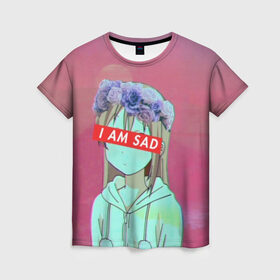 Женская футболка 3D с принтом Sadness в Тюмени, 100% полиэфир ( синтетическое хлопкоподобное полотно) | прямой крой, круглый вырез горловины, длина до линии бедер | anime | cartoon | girl | girls | sad | sadness | trend | vaporwave | аниме | грусть | девушки | мультики | мультфильмы | тренды