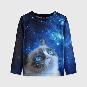 Детский лонгслив 3D с принтом Сердитый кот в космосе в Тюмени, 100% полиэстер | длинные рукава, круглый вырез горловины, полуприлегающий силуэт
 | grumpy cat | космос | кот | кот в космосе | кот мем | кошка | кошка мем | мем кот | сердитый кот | синий кот