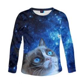 Женский лонгслив 3D с принтом Сердитый кот в космосе в Тюмени, 100% полиэстер | длинные рукава, круглый вырез горловины, полуприлегающий силуэт | grumpy cat | космос | кот | кот в космосе | кот мем | кошка | кошка мем | мем кот | сердитый кот | синий кот