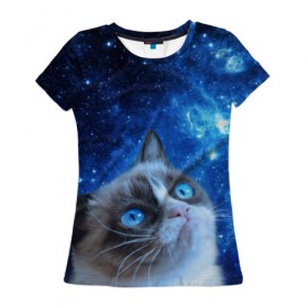 Женская футболка 3D с принтом Сердитый кот в космосе в Тюмени, 100% полиэфир ( синтетическое хлопкоподобное полотно) | прямой крой, круглый вырез горловины, длина до линии бедер | grumpy cat | космос | кот | кот в космосе | кот мем | кошка | кошка мем | мем кот | сердитый кот | синий кот
