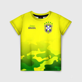 Детская футболка 3D с принтом Бразилия в Тюмени, 100% гипоаллергенный полиэфир | прямой крой, круглый вырез горловины, длина до линии бедер, чуть спущенное плечо, ткань немного тянется | Тематика изображения на принте: brasil | brazil | бразилия | бразильская сборная | сборная бразилии | сборная бразилии по футболу | сборные | форма | футбол | футбольные сборные | чемпиона | чемпионат мира