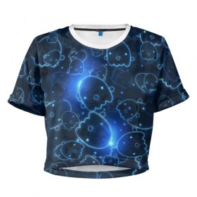 Женская футболка 3D укороченная с принтом Ghosty в Тюмени, 100% полиэстер | круглая горловина, длина футболки до линии талии, рукава с отворотами | абстракция | аниме | белый | кавай | каспер | милота | приведение | приведенька | призрак | свет | синий