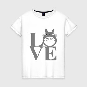 Женская футболка хлопок с принтом Love Totoro в Тюмени, 100% хлопок | прямой крой, круглый вырез горловины, длина до линии бедер, слегка спущенное плечо | Тематика изображения на принте: forest | friend | ghibli | japan | keeper | miyazaki | nature | neigbor | neighbour | totoro | анимация | аниме | гибли | дерево | друг | животные | лес | люблю | любовь | милый | мир | миядзаки | мульт | мультфильм | приключения | природа