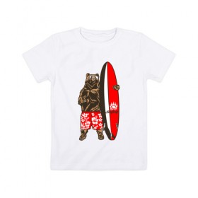 Детская футболка хлопок с принтом Медведь Серфер в Тюмени, 100% хлопок | круглый вырез горловины, полуприлегающий силуэт, длина до линии бедер | bear | surf | surfing | летние | лето | медведи | медведь | серфер | серфинг