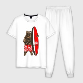 Мужская пижама хлопок с принтом Медведь Серфер в Тюмени, 100% хлопок | брюки и футболка прямого кроя, без карманов, на брюках мягкая резинка на поясе и по низу штанин
 | bear | surf | surfing | летние | лето | медведи | медведь | серфер | серфинг