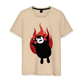 Мужская футболка хлопок с принтом Kumamon в Тюмени, 100% хлопок | прямой крой, круглый вырез горловины, длина до линии бедер, слегка спущенное плечо. | fire | for | glory | hell | japan | of course | ofc | satan | the | иероглифы | кумамон | медведь | огонь | пожар | япония