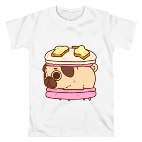 Мужская футболка хлопок с принтом Мопс Пироженко в Тюмени, 100% хлопок | прямой крой, круглый вырез горловины, длина до линии бедер, слегка спущенное плечо. | fastfood | junkfood | pug | еда | макарун | мопс | пирожное | пончик | сладость | собака | фастфуд