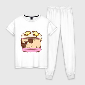 Женская пижама хлопок с принтом Мопс Пироженко в Тюмени, 100% хлопок | брюки и футболка прямого кроя, без карманов, на брюках мягкая резинка на поясе и по низу штанин | fastfood | junkfood | pug | еда | макарун | мопс | пирожное | пончик | сладость | собака | фастфуд