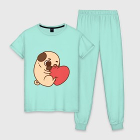 Женская пижама хлопок с принтом Мопс и Сердечко в Тюмени, 100% хлопок | брюки и футболка прямого кроя, без карманов, на брюках мягкая резинка на поясе и по низу штанин | pug | любовь | мопс | сердце | собака