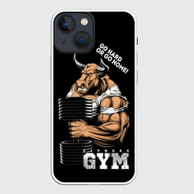 Чехол для iPhone 13 mini с принтом Go heavy or go home в Тюмени,  |  | angry | animal | bull | cool | fitness | heavy | home | logo | sport | team | wild | атлет | большая | бык | вес | гимнастика | девиз | дикий | домой | животное | знак | зубы | иди | кольцо | крутой | культурист | лозунг | надпись