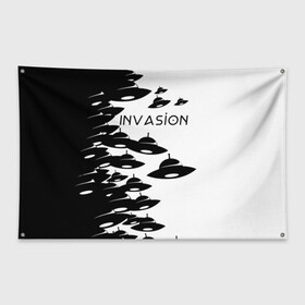 Флаг-баннер с принтом Вторжение в Тюмени, 100% полиэстер | размер 67 х 109 см, плотность ткани — 95 г/м2; по краям флага есть четыре люверса для крепления | invasion | ufo | вторжение | инопланетянин | летающая тарелка | нло | пришельцы