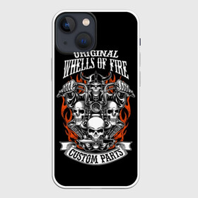 Чехол для iPhone 13 mini с принтом Whells of fire в Тюмени,  |  | biker | death | emblem | fire | flame | hel | knife | logo | motorcycle | retro | sign | skeleton | skull | slogan | vintage | байкер | винтаж | девиз | детали | знак | каска | логотип | лозунг | мотоцикл | мотоциклист | надпись | нестандартные | нож | ог