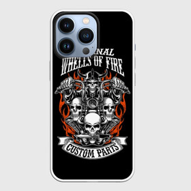 Чехол для iPhone 13 Pro с принтом Whells of fire в Тюмени,  |  | biker | death | emblem | fire | flame | hel | knife | logo | motorcycle | retro | sign | skeleton | skull | slogan | vintage | байкер | винтаж | девиз | детали | знак | каска | логотип | лозунг | мотоцикл | мотоциклист | надпись | нестандартные | нож | ог