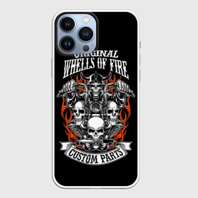 Чехол для iPhone 13 Pro Max с принтом Whells of fire в Тюмени,  |  | biker | death | emblem | fire | flame | hel | knife | logo | motorcycle | retro | sign | skeleton | skull | slogan | vintage | байкер | винтаж | девиз | детали | знак | каска | логотип | лозунг | мотоцикл | мотоциклист | надпись | нестандартные | нож | ог