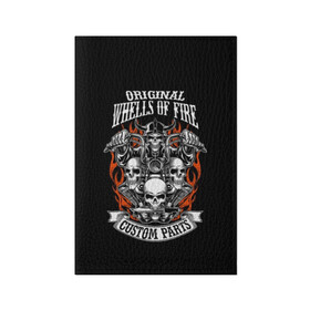 Обложка для паспорта матовая кожа с принтом Whells of fire в Тюмени, натуральная матовая кожа | размер 19,3 х 13,7 см; прозрачные пластиковые крепления | biker | death | emblem | fire | flame | hel | knife | logo | motorcycle | retro | sign | skeleton | skull | slogan | vintage | байкер | винтаж | девиз | детали | знак | каска | логотип | лозунг | мотоцикл | мотоциклист | надпись | нестандартные | нож | ог