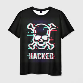 Мужская футболка 3D с принтом Pirate sign в Тюмени, 100% полиэфир | прямой крой, круглый вырез горловины, длина до линии бедер | attack | bones | glitch | hacked | hacker | pirate | sign | skull | symbol | text | warning | атака | взломанный | глюк | знак | кости | пиратский | предупреждение | символ | текст | хакер | череп