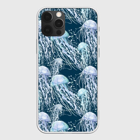 Чехол для iPhone 12 Pro с принтом Медузы в Тюмени, силикон | область печати: задняя сторона чехла, без боковых панелей | Тематика изображения на принте: bubbles | cant | depth | dome | float | flock | jellyfish | long | mirror | sea | shimmer | tails | transparent | water | вода | глубина | длинные | зеркальное | косяк | купол | медузы | мерцание | море | плывут | прозрачные | пузыри | стая | хвосты