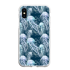 Чехол для iPhone XS Max матовый с принтом Медузы в Тюмени, Силикон | Область печати: задняя сторона чехла, без боковых панелей | Тематика изображения на принте: bubbles | cant | depth | dome | float | flock | jellyfish | long | mirror | sea | shimmer | tails | transparent | water | вода | глубина | длинные | зеркальное | косяк | купол | медузы | мерцание | море | плывут | прозрачные | пузыри | стая | хвосты