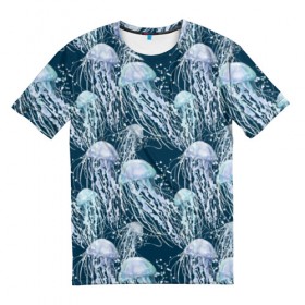 Мужская футболка 3D с принтом Медузы в Тюмени, 100% полиэфир | прямой крой, круглый вырез горловины, длина до линии бедер | Тематика изображения на принте: bubbles | cant | depth | dome | float | flock | jellyfish | long | mirror | sea | shimmer | tails | transparent | water | вода | глубина | длинные | зеркальное | косяк | купол | медузы | мерцание | море | плывут | прозрачные | пузыри | стая | хвосты