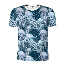 Мужская футболка 3D спортивная с принтом Медузы в Тюмени, 100% полиэстер с улучшенными характеристиками | приталенный силуэт, круглая горловина, широкие плечи, сужается к линии бедра | Тематика изображения на принте: bubbles | cant | depth | dome | float | flock | jellyfish | long | mirror | sea | shimmer | tails | transparent | water | вода | глубина | длинные | зеркальное | косяк | купол | медузы | мерцание | море | плывут | прозрачные | пузыри | стая | хвосты